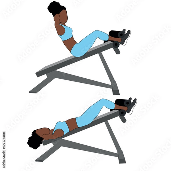 Obraz A Black African woman in blue clothing doing decline bench sit ups with dumbbells exercise for abs. Flat vector illustration isolated on white background