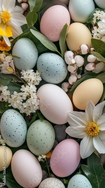 Fototapeta Pastel Easter Eggs and Flowers - A Springtime Celebration
