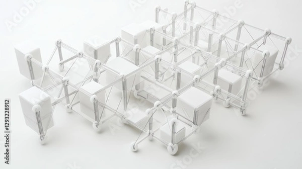 Fototapeta White abstract 3D structure, interconnected cubes, clean background, architectural model