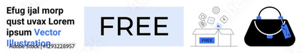 Fototapeta Bold text FREE alongside an open delivery box, a shopping handbag, and scattered icons. Ideal for sales, marketing, e-commerce, discounts, promotions, advertising flat landing page banner