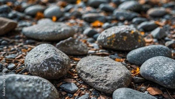 Fototapeta Close-up view of various textured stones on the ground surrounded by small pebbles and fallen leaves in a natural outdoor setting.