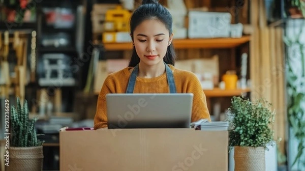 Fototapeta An Asian woman with her own small business uses a laptop and a box to take orders and review them online. She then prepares the orders and sells them to customers.