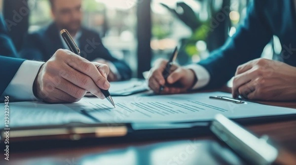 Fototapeta In a business setting, attorneys and corporate experts review contracts together. This consultation aims to clarify legal matters, offer guidance, and facilitate agreements.