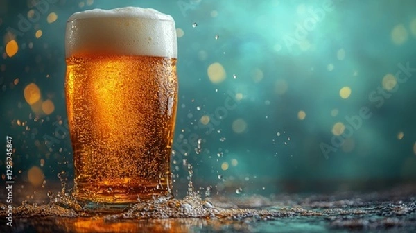 Fototapeta Cold foamy beer in a tall glass with splashes and bokeh lights, refreshing beverage concept