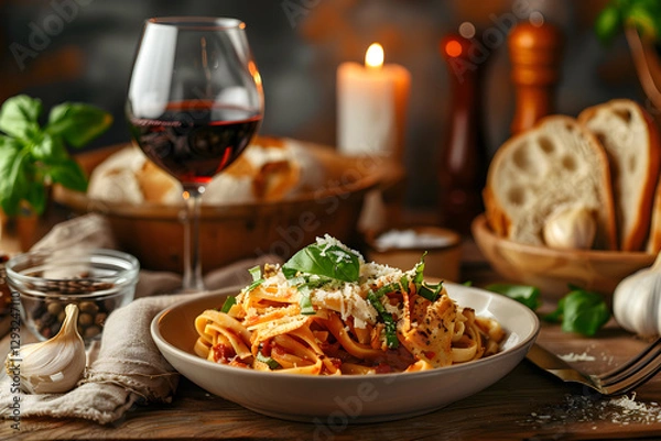Obraz A Classic Setting of Comfort Food: Creamy Pasta with Side of Garlic Bread and Red Wine