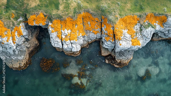 Fototapeta A highly detailed drone photography capturing the textures of a rocky shore, with moss-covered stones submerged in shallow, glistening water and the patterns created by the ebb and flow of the waves.