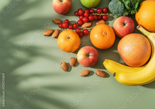 Fototapeta Fresh Citrus Fruits, Nuts, and Green Vegetables on a Colorful Background