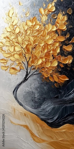 Fototapeta A stunning oil painting of a tree with gold, purple, and blue leaves, set against a soft gradient background with abstract wave-like texture in a light white-to-gray tone