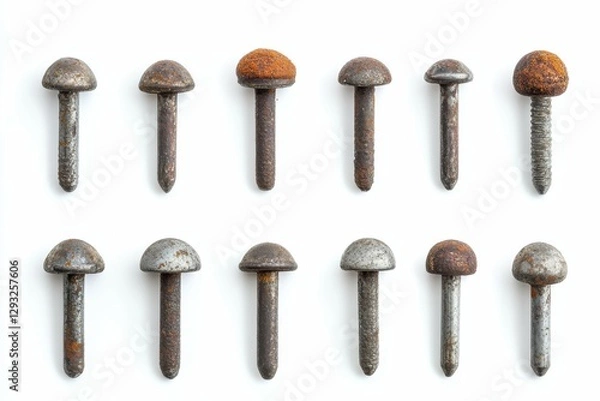 Obraz Old Nail Head Collection. Rusty Pins on White Background for Industrial Design