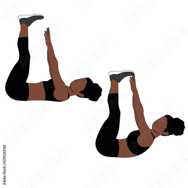 Fototapeta A Black African woman in black clothing doing raised leg crunches exercise. Flat vector illustration isolated on white background