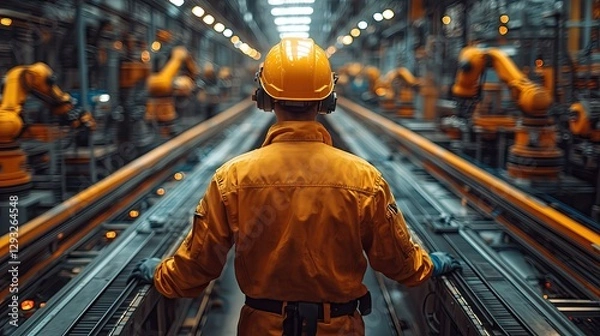 Fototapeta A manufacturing engineer inspecting an automated production line, robotic arms assembling products, high-tech factory setting

