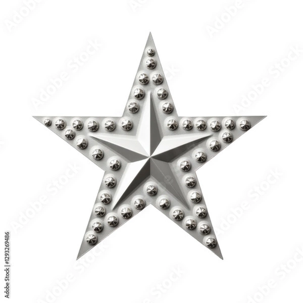 Fototapeta A metallic star with a shiny, reflective surface, adorned with numerous small, evenly spaced studs or bolts.