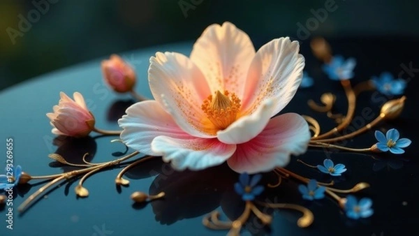 Obraz Delicate Pink Blossom with Golden Accents and Tiny Blue Flowers on Dark Reflective Surface
