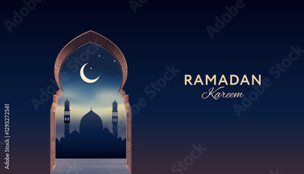 Fototapeta Ramadan Kareem banner with mosque silhouette, arch entrance on night background. Modern Islamic template design. Poster and social media banner, vector illustration. 