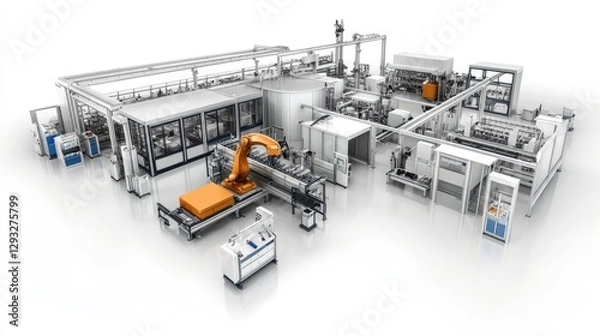 Fototapeta High-tech factory featuring a robotic arm assembling components with precision, surrounded by advanced machinery