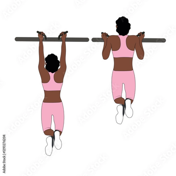 Obraz A Black African woman in pink clothing doing chin ups exercise at the gym. Flat vector illustration isolated on white background.