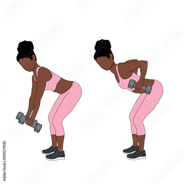 Fototapeta A Black African woman in pink clothing doing bent over rows with dumbbells. Flat vector illustration isolated on white background