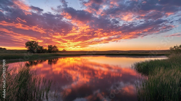 Fototapeta Realistic sunset sky with clouds. Vector illustration of sun going down on horizon, beautiful heavenly orange and pink cloudscape, golden hour. Magic sunlight above ground. End of day, aging symbol