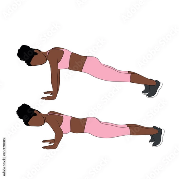 Obraz Black Female Character doing push ups exercise in pink clothing