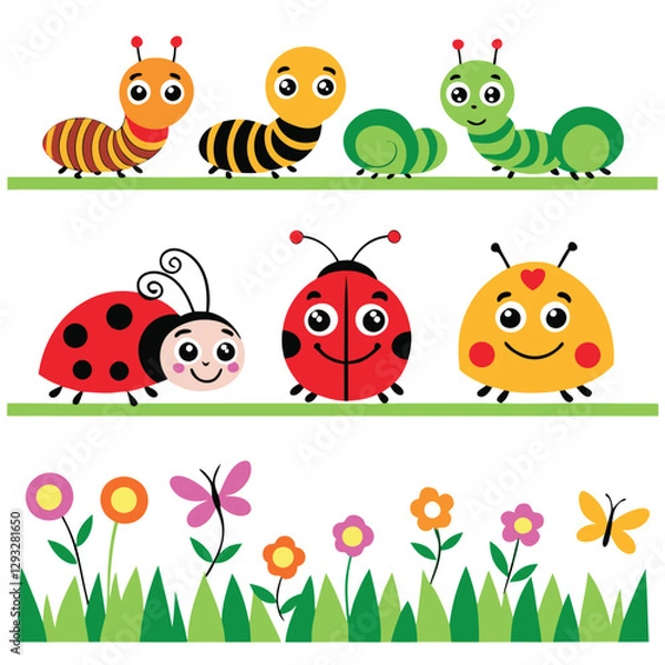 Fototapeta Adorable Garden Bugs Caterpillar, Snail, Ladybug, Spider, and Butterflies