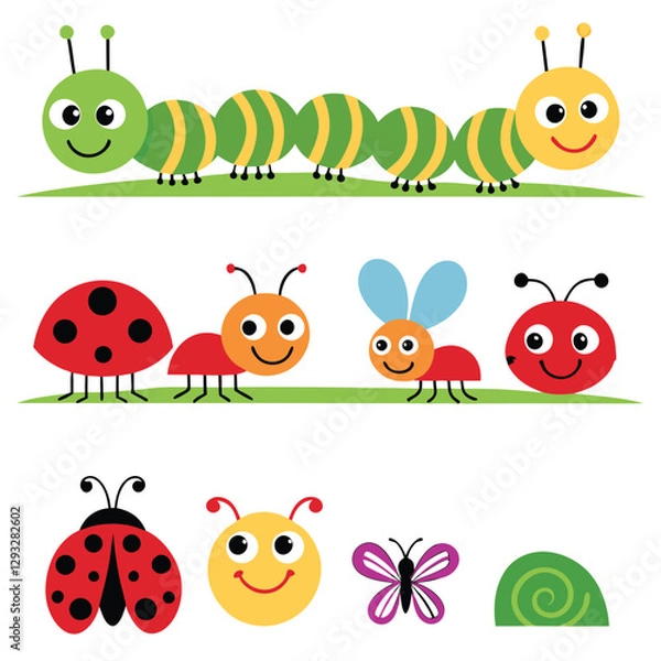 Fototapeta Adorable Insect Friends Caterpillar, Snail, Ladybug, Spider, and Butterflies