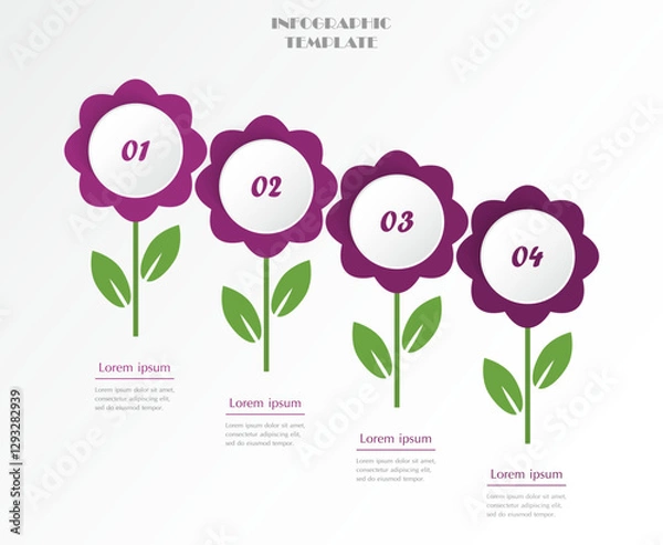 Obraz Step by step violet infographic template with 4 options, parts or processes. Creative flowers concept.