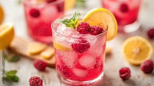 Obraz Raspberry Lemon Iced Sparkling Drink - Refreshing Summer Cocktail