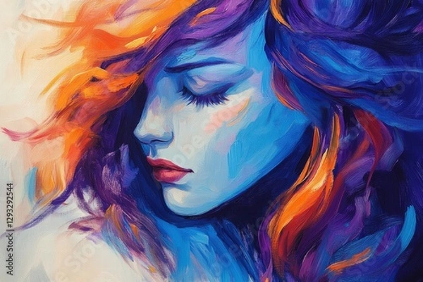 Obraz Portrait of a young woman with vibrant colorful hair and artistic makeup, showcasing creativity, beauty, and self-expression in contemporary art style.