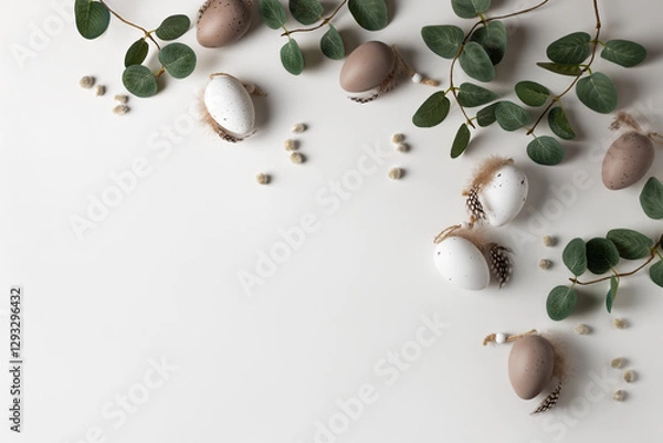 Fototapeta Beautiful spring composition with tender eucalyptus, decorative eggs and willow catkins. Happy Easter concept with copy space for your text.