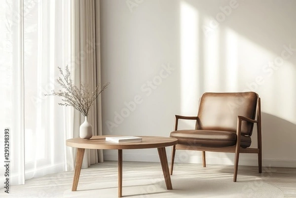 Fototapeta A modern mid-century minimalist living room featuring a brown leather armchair, a sleek wooden coffee table, and a neutral color palette with soft natural lighting.