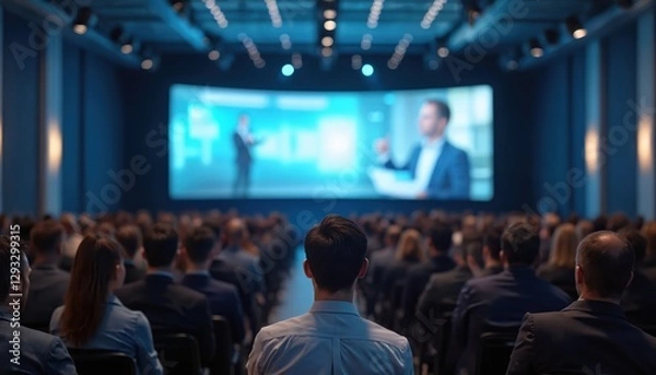 Fototapeta Back view of audience in conference hall at seminar meeting with screen showing video presentation. Corporate company workers, employees, staff training. Business education concept with teamwork.