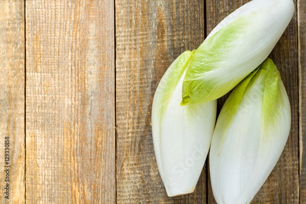 Fototapeta Belgian witloof on wooden table with copy space for yours words.