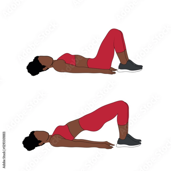 Fototapeta A Black African woman in red clothing doing glute bridges exercise for glutes. Flat vector illustration isolated on white background