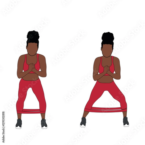 Obraz A Black African woman in red clothing doing banded lateral walk exercise for glutes. Flat vector illustration isolated on white background