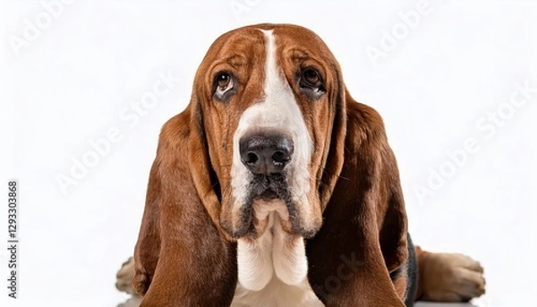Fototapeta Adorable Basset Hound Posing against White Backdrop, Showcasing Cozy Brown Fur and Expressive Eyes with a Playful and Relaxed Mood.