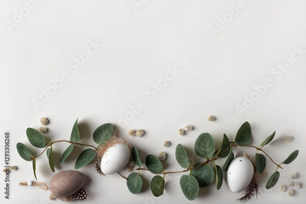 Fototapeta Beautiful spring composition with tender eucalyptus, decorative eggs and willow catkins. Happy Easter concept with copy space for your text.
