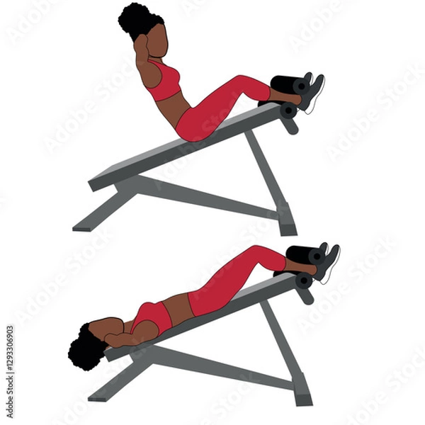 Obraz Black Female Character performing decline sit ups exercise in red clothing