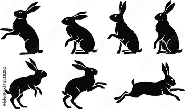 Fototapeta Easter bunny silhouettes, rabbit clip art set, isolated decorative elements for the holidays
