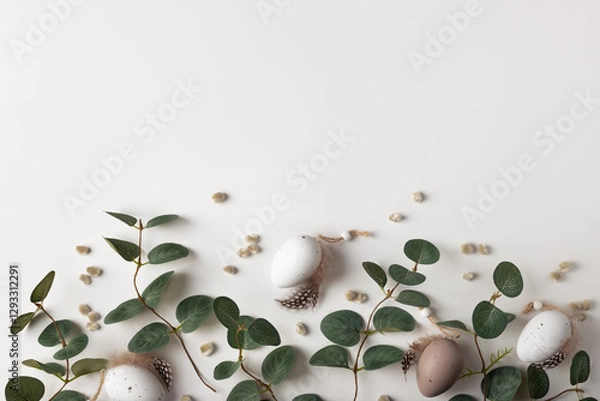 Fototapeta Beautiful spring composition with tender eucalyptus, decorative eggs and willows catkins. Happy Easter concept with copy space for your text.