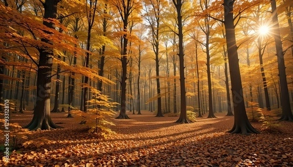 Fototapeta  A vibrant forest in the fall with warm golden light and falling leaves