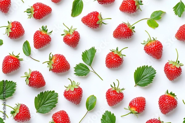 Fototapeta Fresh wild strawberries arranged neatly with vibrant green leaves on a light background showcasing their natural beauty and delicious appeal