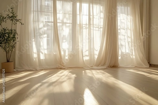Fototapeta A Scandinavian-inspired empty room with a neutral color scheme, natural wood textures, and light filtering through sheer curtains.