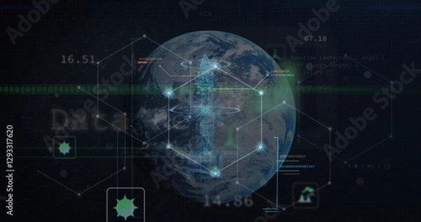 Fototapeta Image of data processing over globe on black background