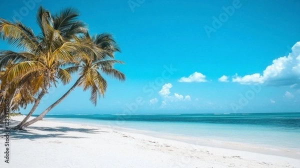 Fototapeta Beautiful beach with white sand and palm trees on the left side of the frame. The blue sky is clear, and there's a calm sea in front of it