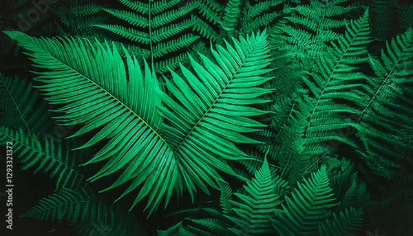 Obraz Ultra Green Jungle Background Nature Image with a large fern leaf, small plants and lush foliage; abstraction beautiful backdrop for design