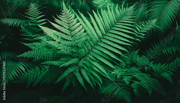Obraz Ultra Green Jungle Background Nature Image with a large fern leaf, small plants and lush foliage; abstraction beautiful backdrop for design
