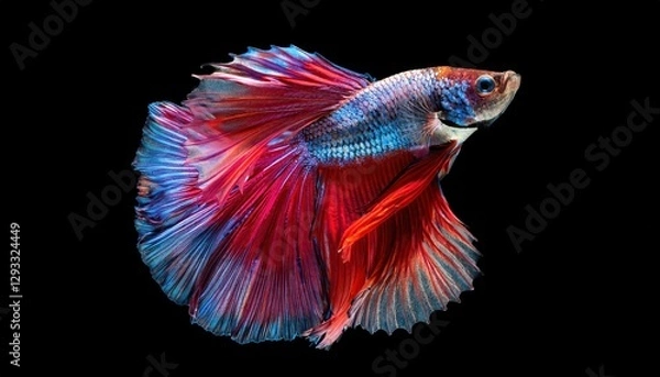 Fototapeta Vivid Betta Fish on a Dark Backdrop A Striking Display of Iridescent Colors and Intricate Fin Details, Perfect for Digital Art, Home Decor, or Design Inspiration.
