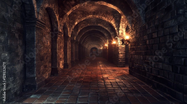 Obraz Dark medieval dungeon with stone wall for game background. Fantasy castle with brick floor in corridor. Spooky underground prison hallway with torch fire and arch architecture inside at night