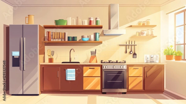 Obraz Home kitchen interior with modern furniture and clean tableware. Vector cartoon illustration of large room with brown drawers and cupboards, fridge, oven, dishes in sink, sun shining through window