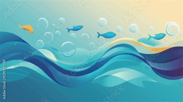 Obraz Digital illustration depicting stylized, flowing waves in shades of blue and turquoise.  Several small, cartoonish fish in blue and yellow are swimming amidst the waves.  Numerous translucent,